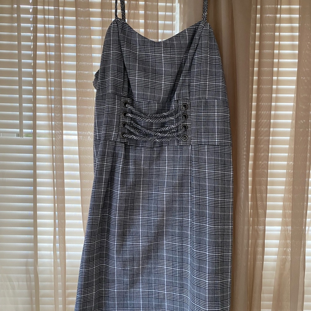Plaid Lace-Up Mini Dress in Black and White